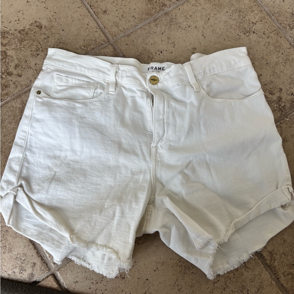 Frame Denim White Jean Shorts with Cuffed Hem